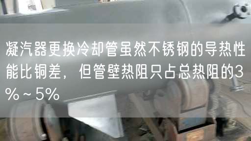 凝汽器更換冷卻管雖然不銹鋼的導(dǎo)熱遙遙能比銅差，但管壁熱阻只占總熱阻的3%～5%